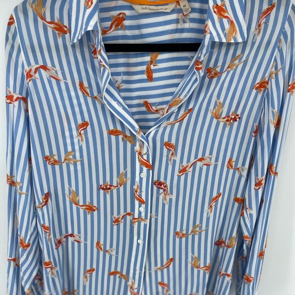 Soft Surroundings Tops - Soft Surroundings blue and white striped button down with koi fish print